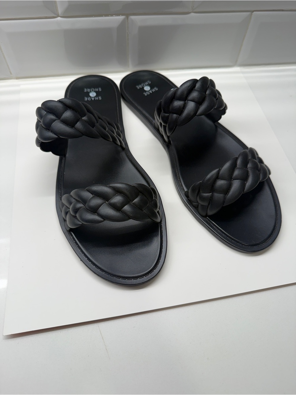 Shade & Shore Black Braided Double-Strap Slide Sandals